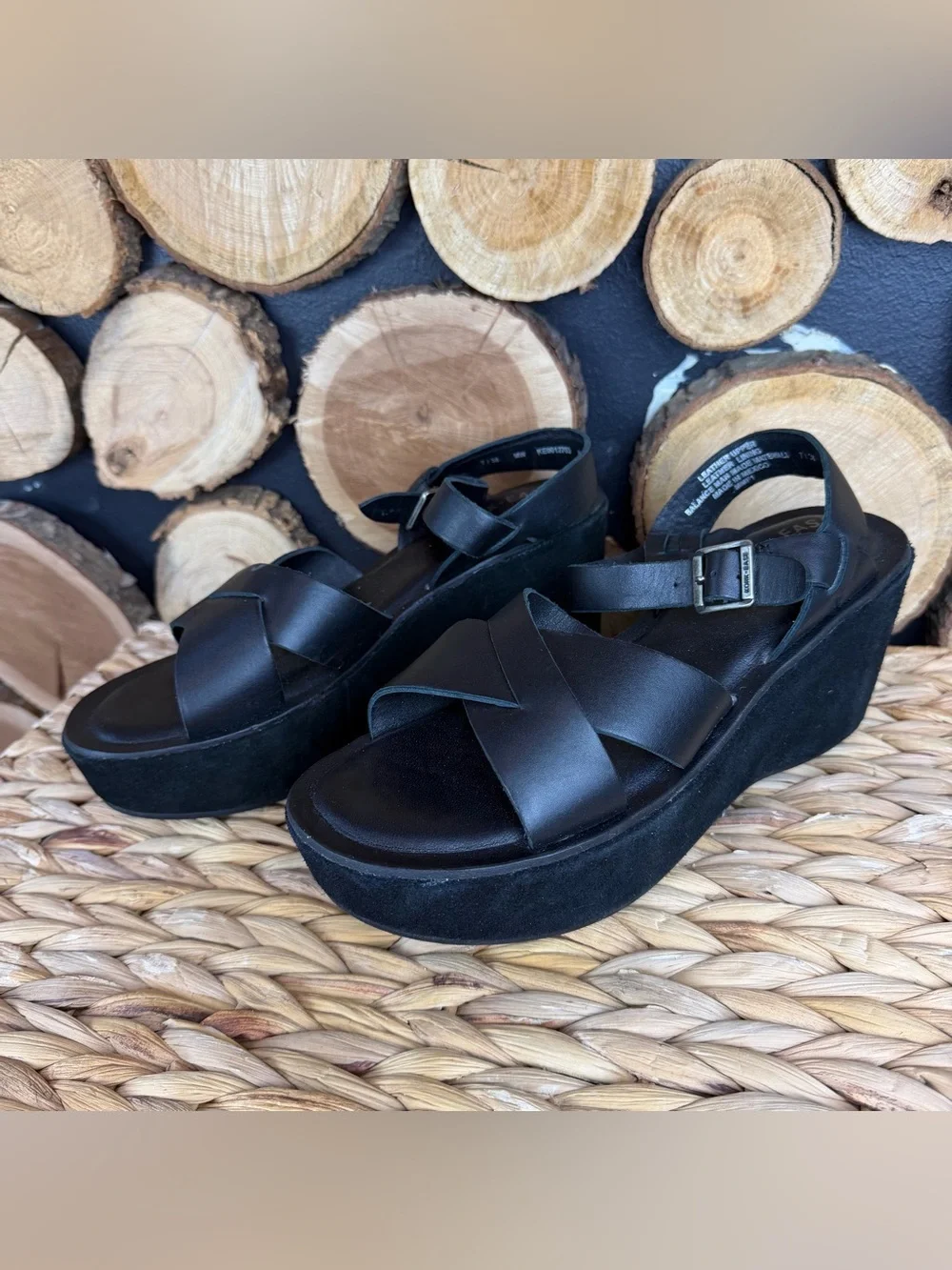Kork-Ease Ava Classic Black Leather Platform Sandals with Cross-Strap
